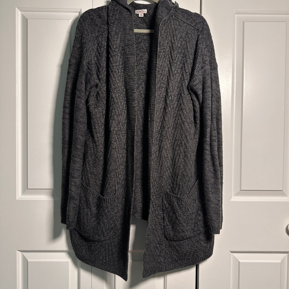 Merona Womens Charcoal Gray Cable Knit Hooded Open Front Cardigan Sweater Large